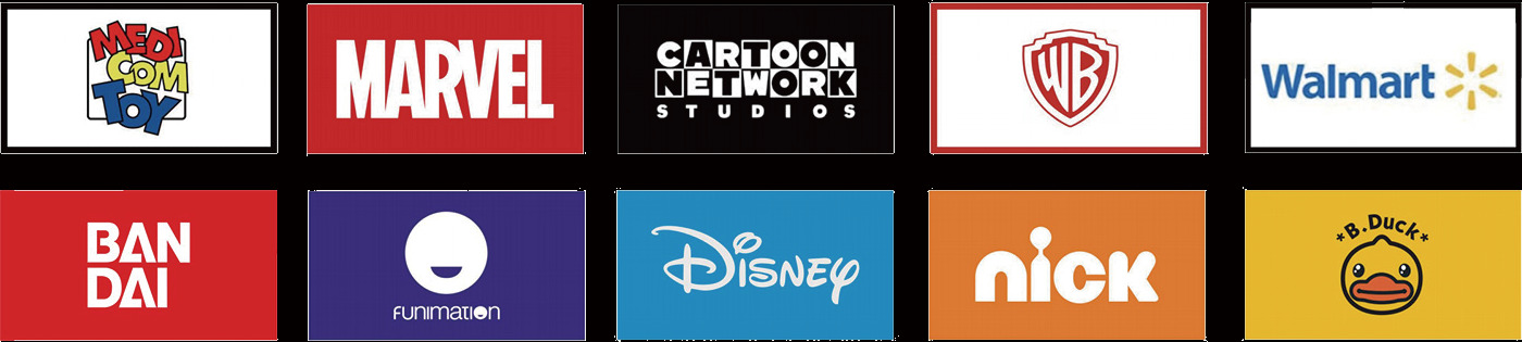 Partner brands: MediCom Toy, Marvel, Cartoon Network, Warner Bros, Walmart, Bandai, Funimation, Disney, Nick, B.Duck